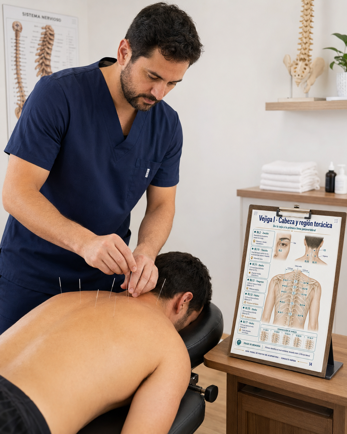 Profesional aplicando acupuntura con la guía visual de puntos
