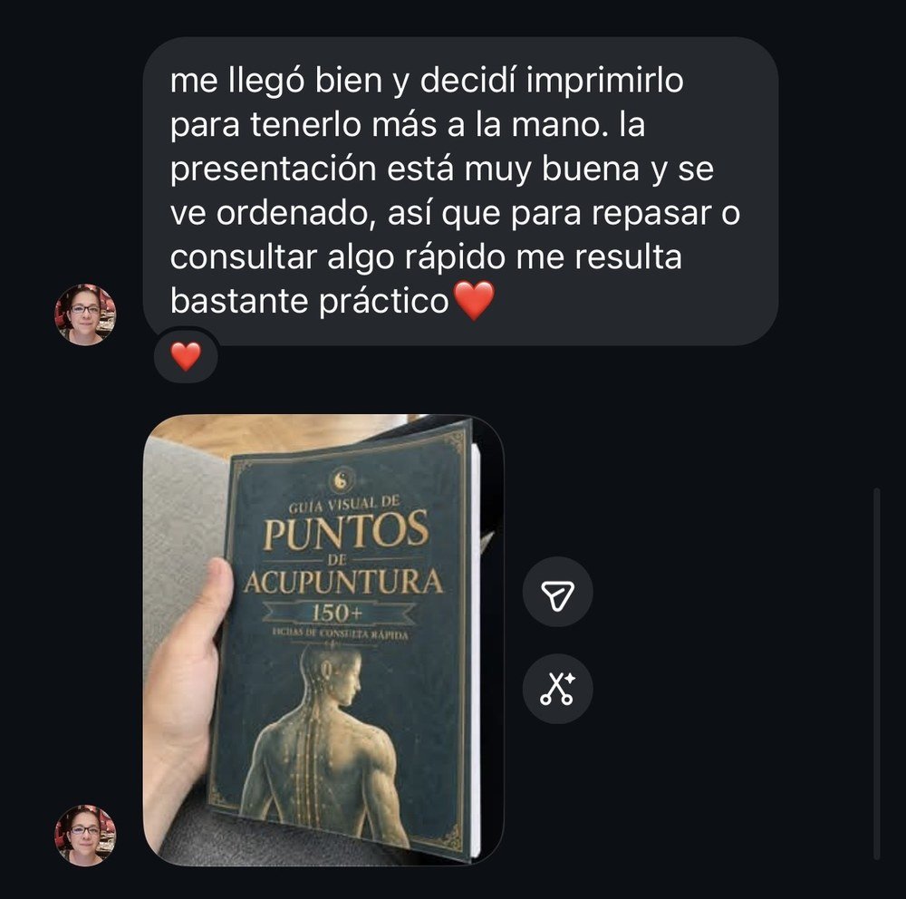 Mensaje de una clienta que imprimió el material y muestra la Guía Visual de Puntos de Acupuntura.